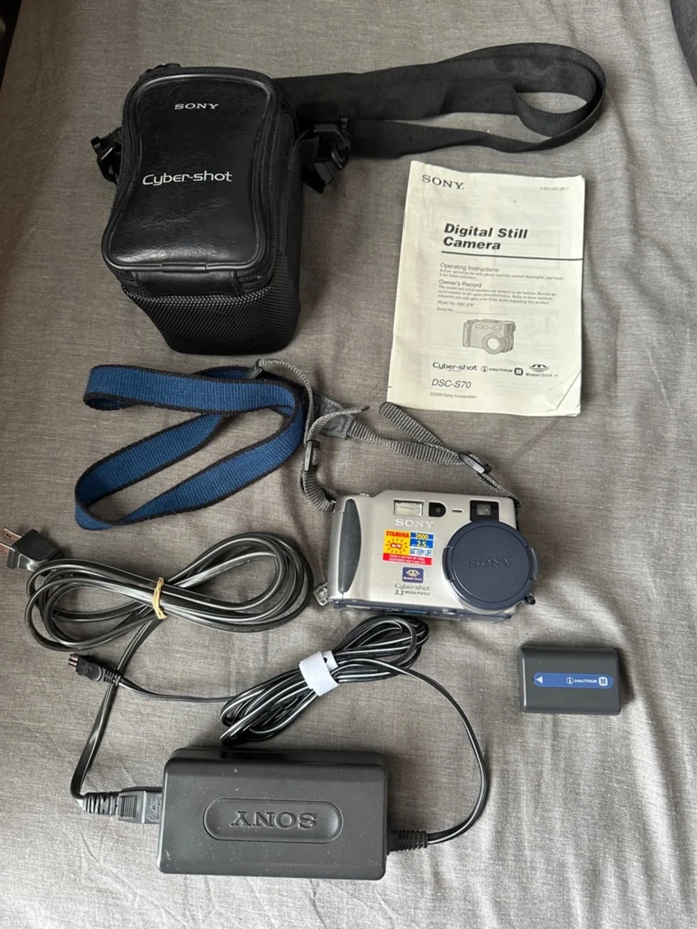 Sony Silver Point-and-Shoot Cyber-shot DSC-S70 Camera with Blue Neck Strap